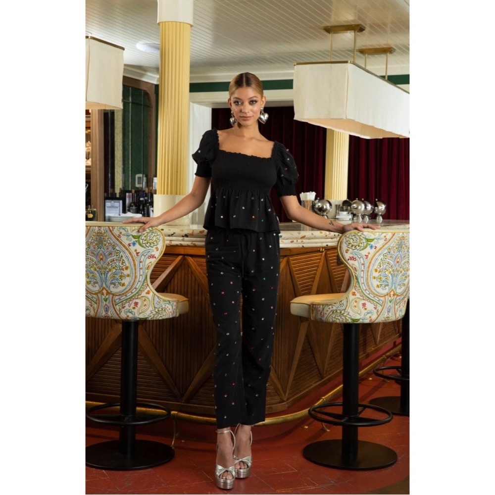 Hill House Jewel Rhinestone Beaded Black Jammie Top and Pant Set Small